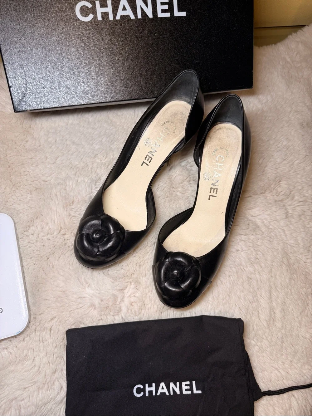 Pre-Loved Authentic Chanel Black Camellia Leather Pumps